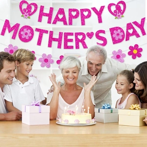 Pink glittery Happy Mother's Day banner set with flowers for festive party decoration
