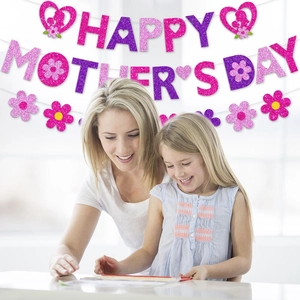 Glittery Happy Mother's Day banner with pink floral and heart silhouettes for party decor