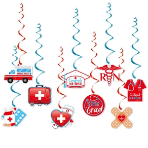 Nurse graduation party swirls with ambulance and stethoscope themed medical hanging decor