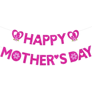 Pink glitter Happy Mother's Day banner with heart silhouettes for party decor