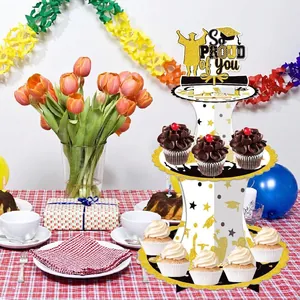 Three-tier graduation cake stand with So PROUD of you topper and star patterns