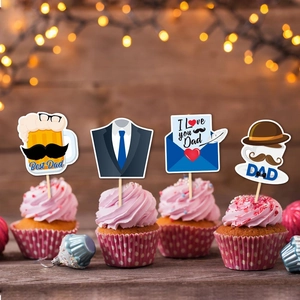Father's Day cake topper set featuring beer, suit, and coffee cup designs on cupcakes