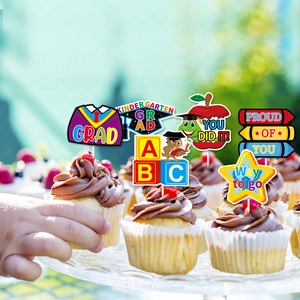 Kindergarten graduation cupcake toppers set with colorful owls and apples for parties