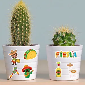 Vibrant Mexican Fiesta sticker set with cactus and taco designs on white ceramic pots