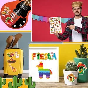 Vibrant Mexican Fiesta sticker set featuring guitar player, pinata, and cactus icons