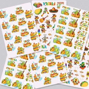Detail of Mexican fiesta stickers featuring cactus, taco and guitar designs