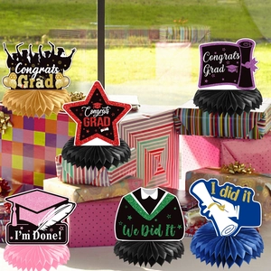 Set of 6 colorful honeycomb centerpieces for graduation party table decorations
