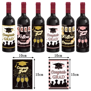 Set of 6 graduation wine bottle labels with Congrats Grad designs and dimensions