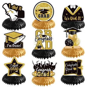 Set of 9 black and gold graduation honeycomb centerpieces for party table decoration