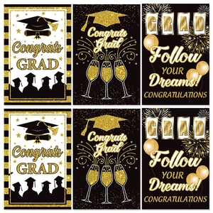 Set of 6 black and gold graduation wine labels with Congrats Grad and glitter patterns