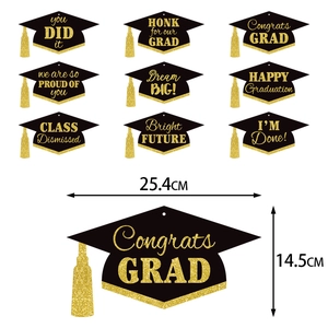 Set of 9 graduation mortarboard hanging decorations with gold glitter text on black
