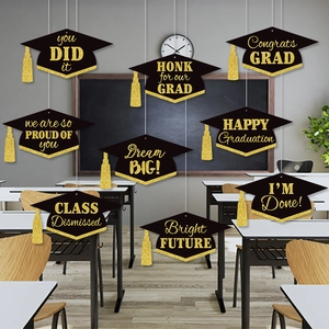 Graduation Cap Hanging Ornaments Paper Gold Glitter Tassel Black Gold School Party Decorations Decor