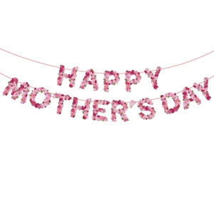 Happy Mother's Day floral banner decoration with pink and red flowers for party setup