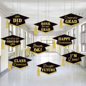 Graduation party decorations set with black bachelor hat hanging ornaments and gold glitter
