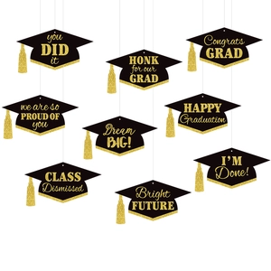 9-piece black and gold graduation cap hanging ornaments with glitter and tassels