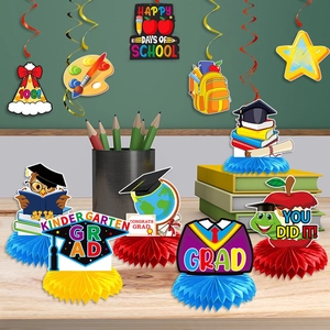 Kindergarten graduation honeycomb centerpieces and spiral hanging decorations for desks
