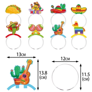Set of 8 colorful Mexican Fiesta headbands with cactus taco and pinata party motifs