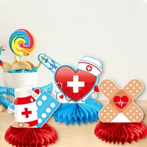 Centres de table alvéolés pour fête des infirmières avec icônes médicales et stéthoscope