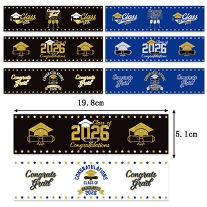 Class of 2026 graduation water bottle labels in black and blue with doctoral caps
