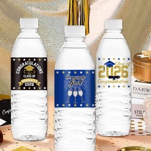 Class of 2026 graduation water bottle labels with black and blue party theme designs