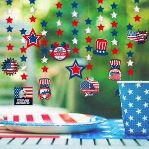 Close-up of 4th of July party hanging decorations with gnomes and patriotic stars