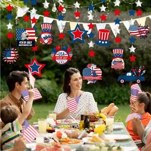 4th of July party hanging decorations with patriotic gnomes and USA stars for outdoors