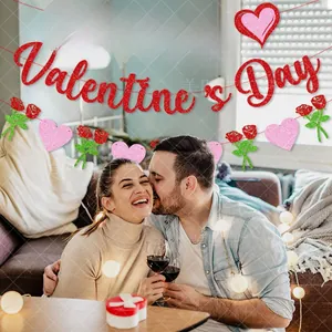 Sparkly red Happy Valentine's Day banner with glittery pink hearts and rose flower accents