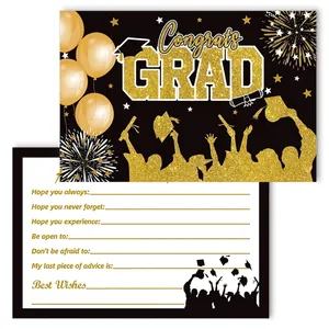 Biglietti di auguri per laurea fronte-retro con scritte dorate e sagome di laureati