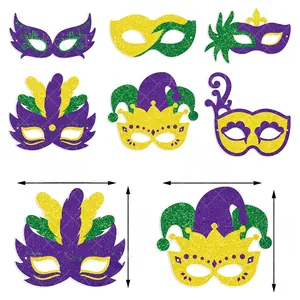 Detail showing dimensions of Mardi Gras carnival masks in purple green and gold colors