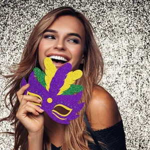 Sparkling Mardi Gras sequin mask in purple gold and green colors worn by a female model
