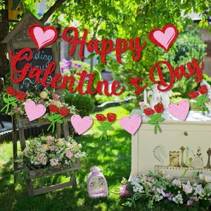 Happy Galentine's Day banner with red glitter letters and floral heart decor in garden