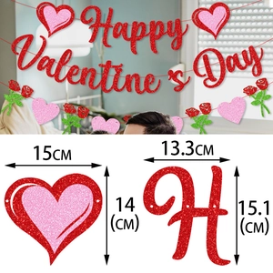 Sparkly Happy Valentine's Day banner set with red heart and rose flower hanging decorations