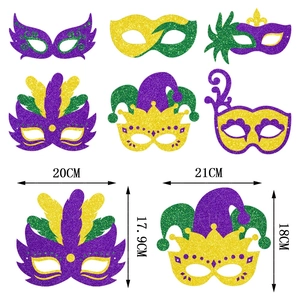Set of 6 Mardi Gras masquerade masks in purple, green, and gold with glitter finish