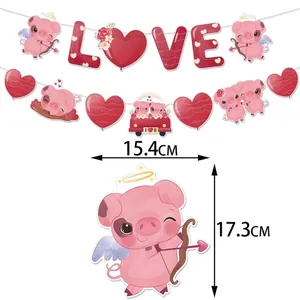 Valentinstag LOVE Banner Set mit süßen Cartoon-Schweinen und Herzen für Party-Deko