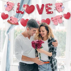 Valentinstag LOVE Banner mit rosa Cartoon-Schweinen und roten Herzen in Romantik-Deko