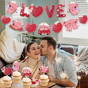 Valentinstag Deko-Set mit LOVE-Banner, Herzanhängern und Kuchendekorationen