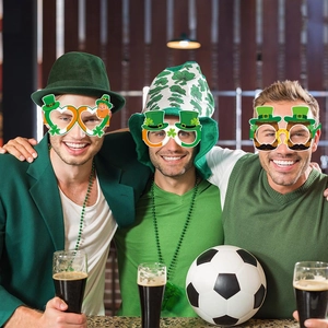 Three men wearing green St. Patrick's Day themed glasses including shamrock and hat designs