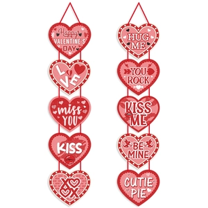 Red and pink Valentine's Day heart door hangers with romantic phrases for party decor