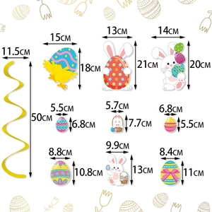 Easter decoration set with PVC hanging swirls, cartoon bunnies, and colorful eggs