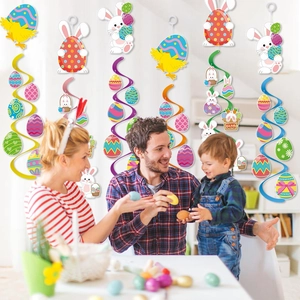 Colorful Easter hanging swirl decorations with bunny and egg charms for festive party