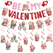 Valentine's Day banner and hanging teddy bear swirls with Be My Valentine text