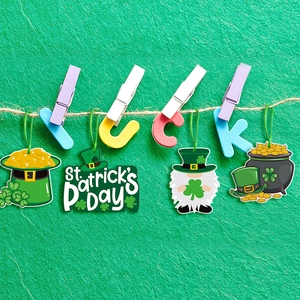 Set of St. Patrick's Day hanging ornaments with gnome, gold coins and clover charms