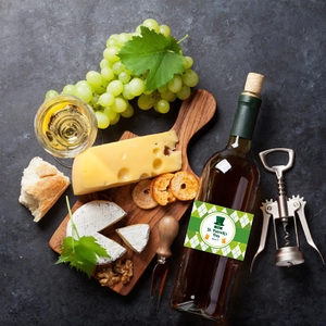 St. Patrick's Day wine bottle labels with green shamrock hat for party table decor