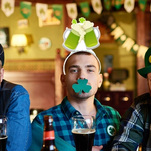 St. Patrick's Day headband with green beer mugs and clovers for festive party hair accessories