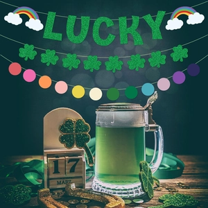 Lucky St. Patrick's Day banner set with green glitter letters and clover decorations