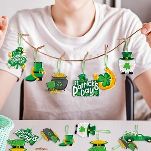 Saint Patrick's Day hanging ornaments with shamrocks, gold coins and green leprechaun hats