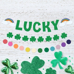 St. Patrick's Day Lucky banner set with clover garlands on white wood background