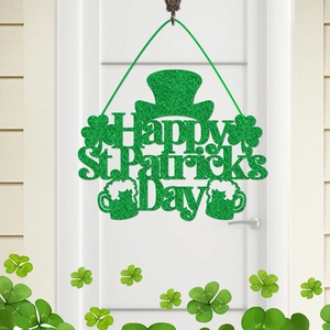Detail of glittery St. Patrick's Day door hanger with Happy Day text and clover icons