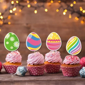 Easter party cupcake toppers set with colorful egg designs and wooden sticks for desserts