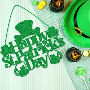 Glittery Happy St. Patrick's Day door hanger with clover and beer mug elements